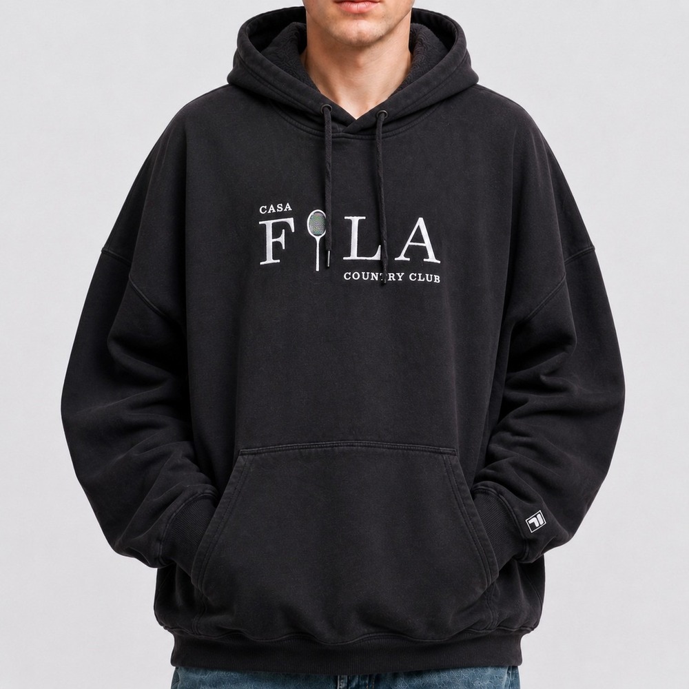 Fila Casa Country Club Hoodie Mens Large Black Embroidered Tennis Sweatshirt